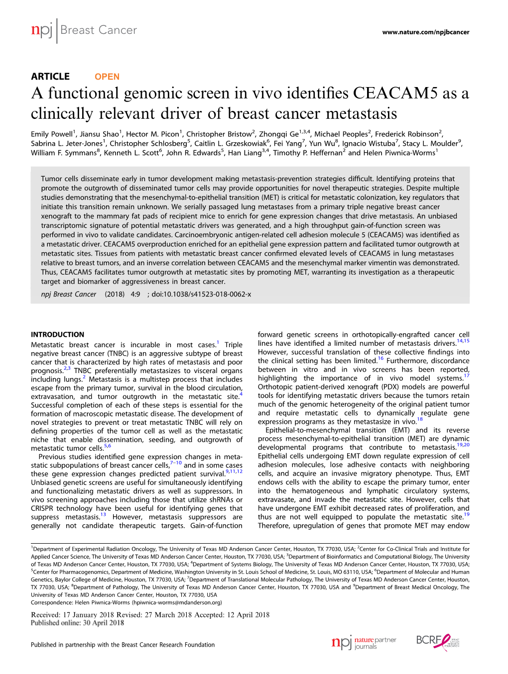 A Functional Genomic Screen in Vivo Identifies CEACAM5 As a Clinically Relevant Driver of Breast Cancer Metastasis