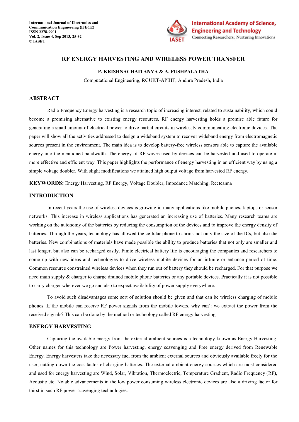 Rf Energy Harvesting and Wireless Power Transfer