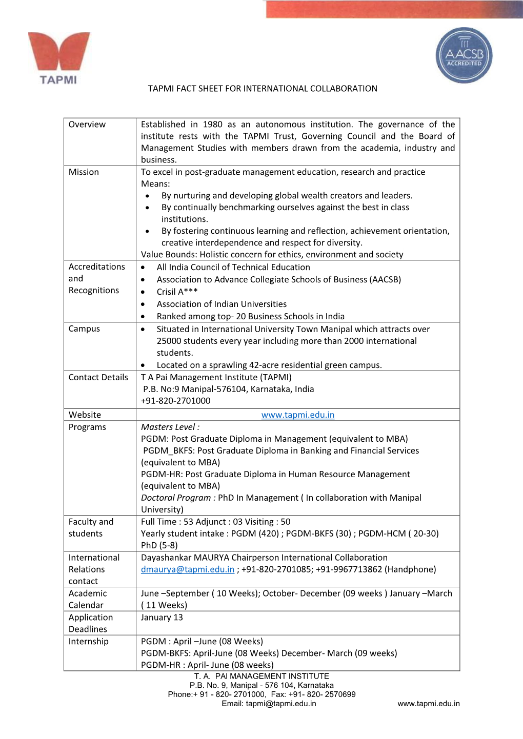 Tapmi Fact Sheet for International Collaboration