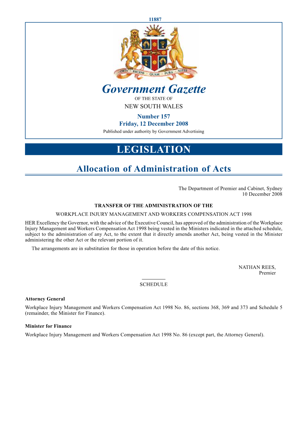 Government Gazette of the STATE of NEW SOUTH WALES Number 157 Friday, 12 December 2008 Published Under Authority by Government Advertising