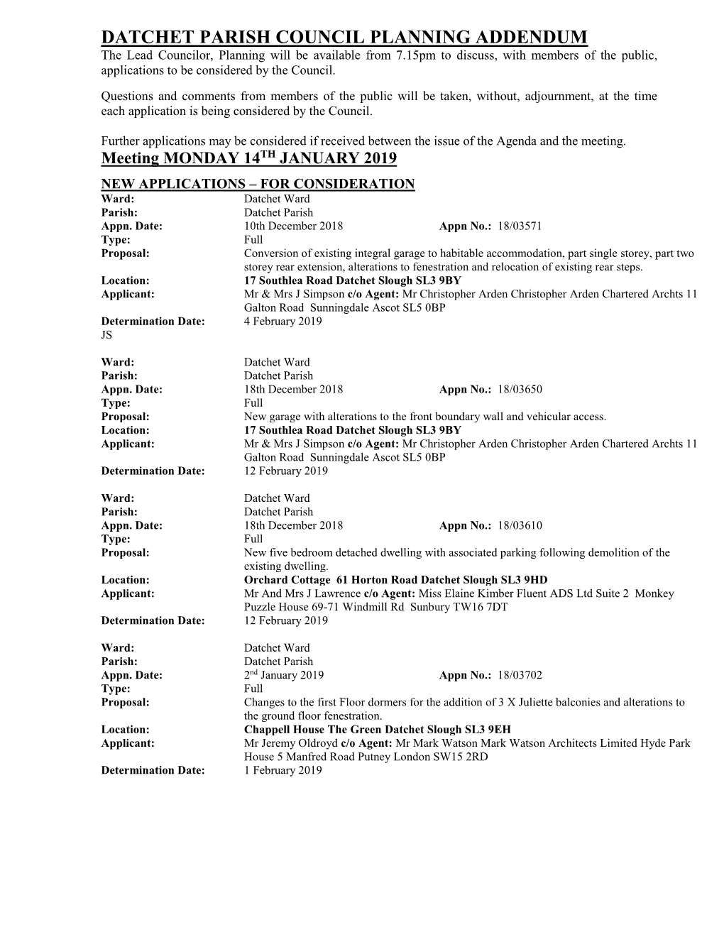 Datchet Parish Council Planning Addendum