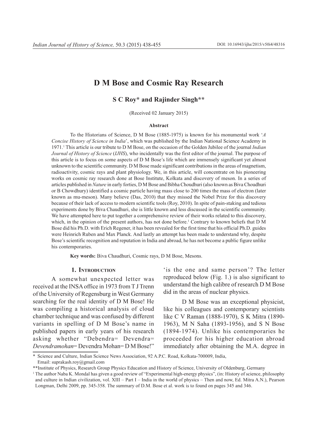 D M Bose and Cosmic Ray Research