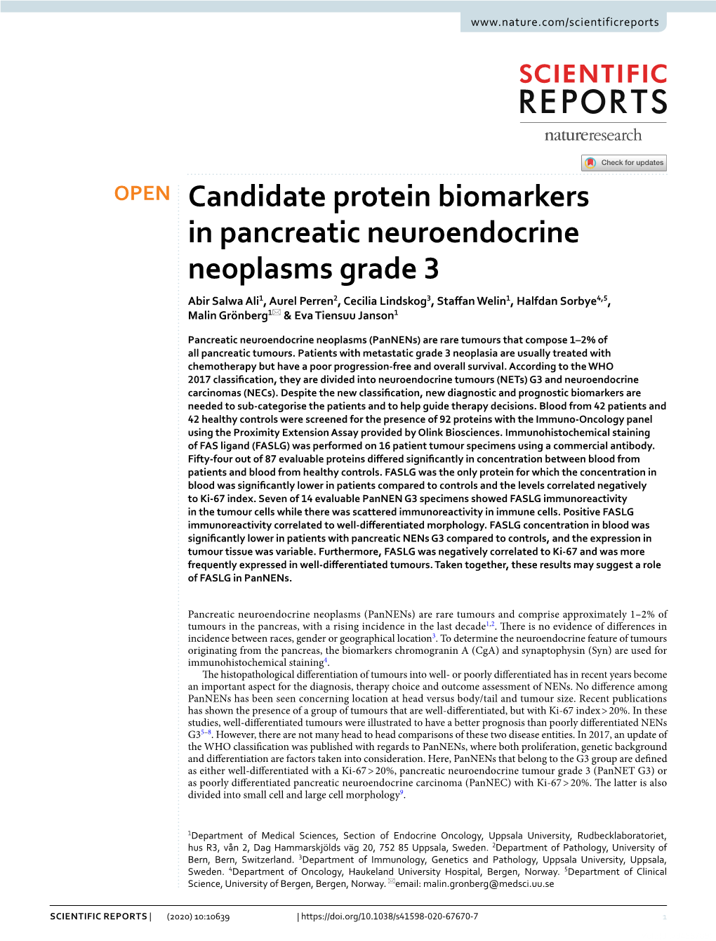 Candidate Protein Biomarkers in Pancreatic Neuroendocrine Neoplasms Grade 3