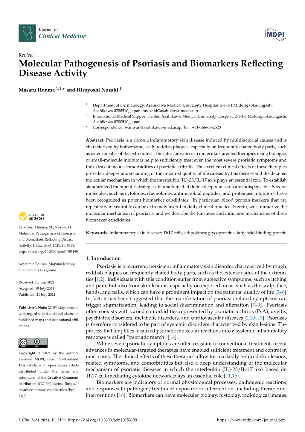 Molecular Pathogenesis of Psoriasis and Biomarkers Reflecting Disease