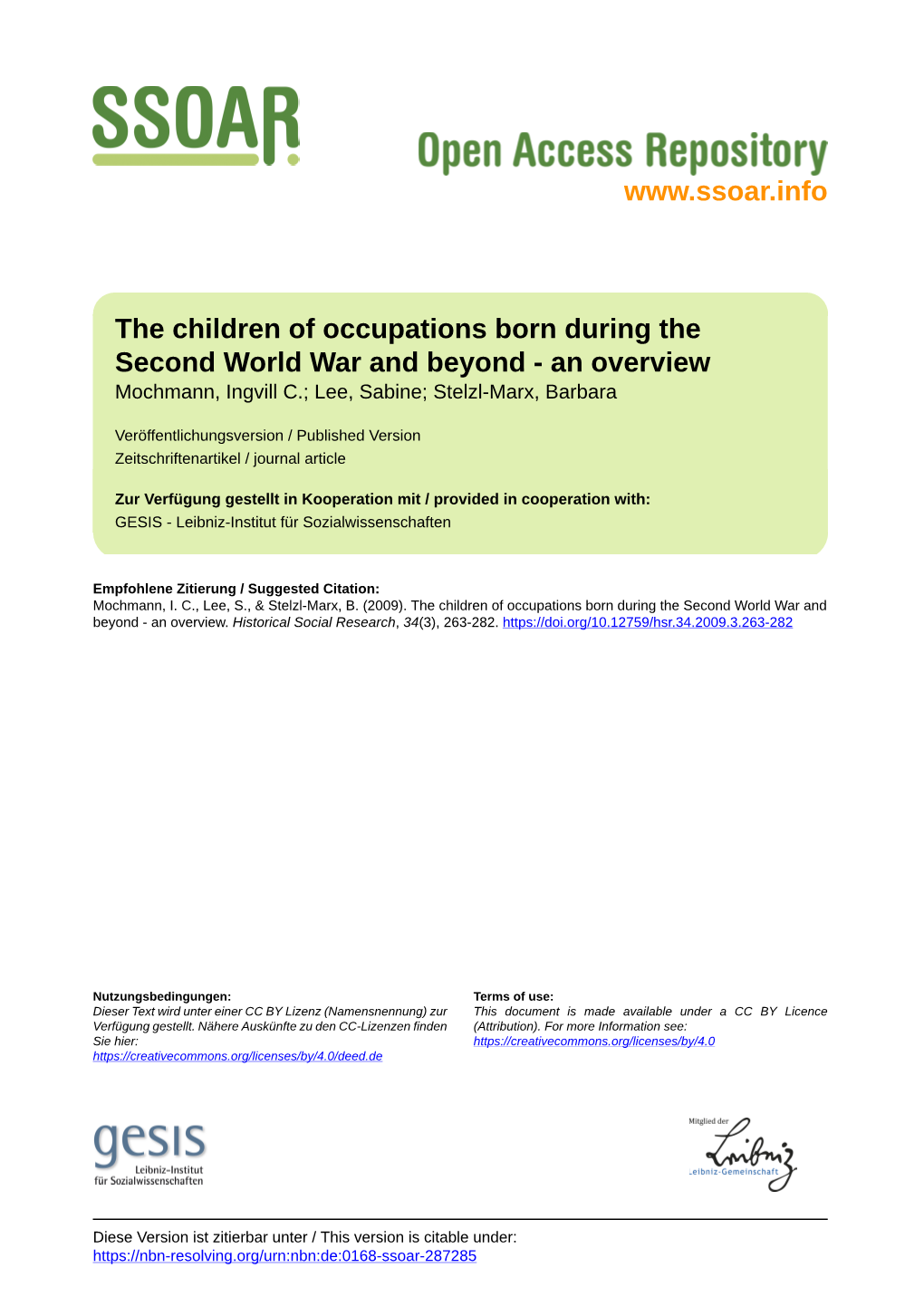 The Children of Occupations Born During the Second World War and Beyond - an Overview Mochmann, Ingvill C.; Lee, Sabine; Stelzl-Marx, Barbara