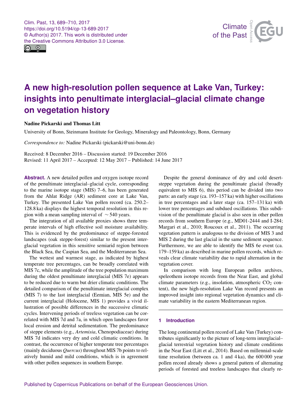 A New High-Resolution Pollen Sequence at Lake Van, Turkey: Insights Into Penultimate Interglacial–Glacial Climate Change on Vegetation History