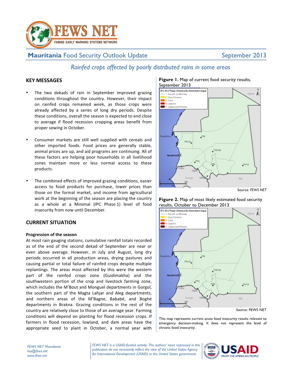 Mauritania Food Security Outlook Update September 2013 Rainfed