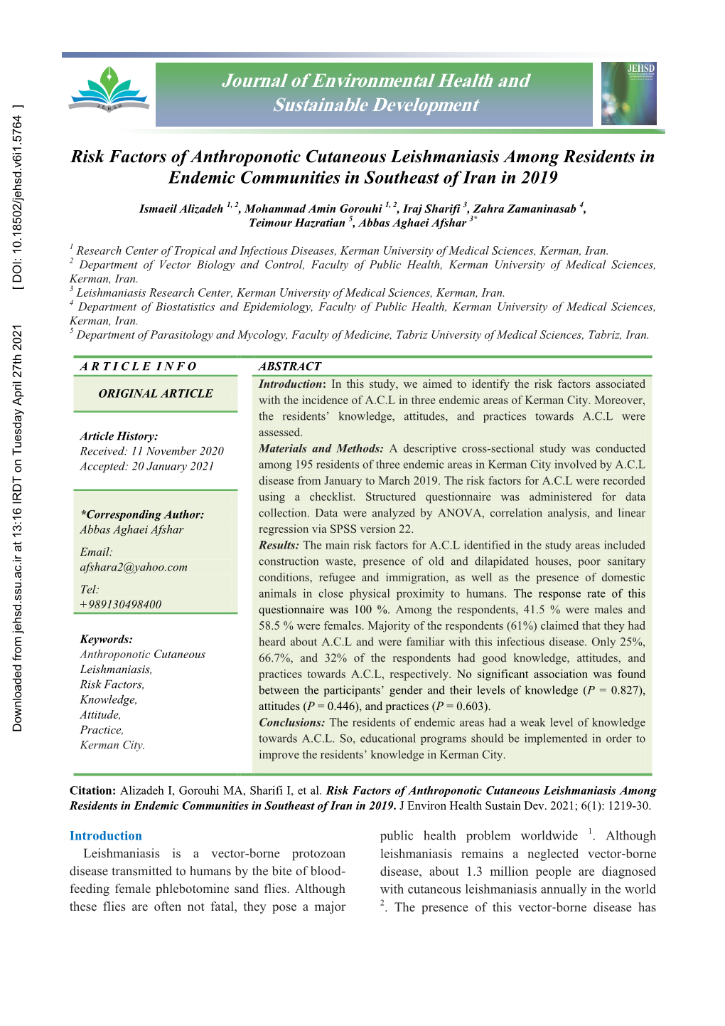 Risk Factors of Anthroponotic Cutaneous Leishmaniasis Among Residents in Endemic Communities in Southeast of Iran in 2019