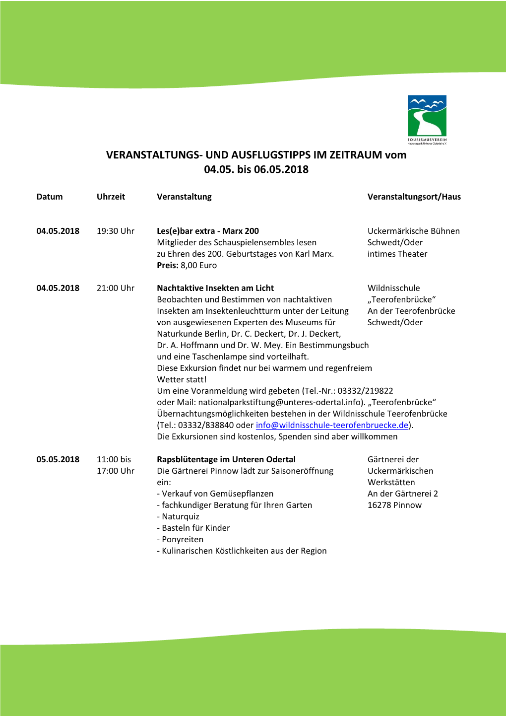 VERANSTALTUNGS- UND AUSFLUGSTIPPS IM ZEITRAUM Vom 04.05