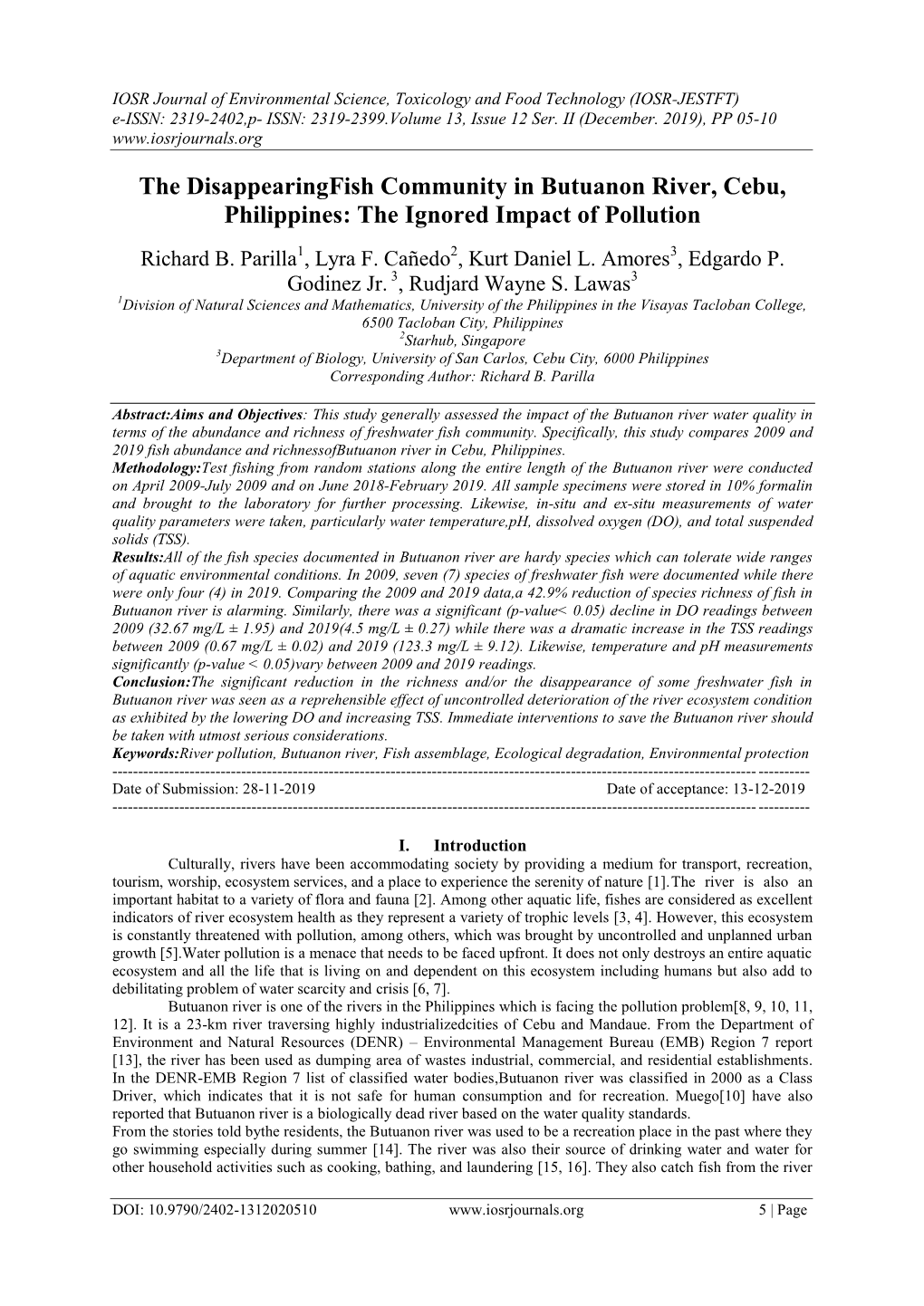 The Disappearingfish Community in Butuanon River, Cebu, Philippines: the Ignored Impact of Pollution