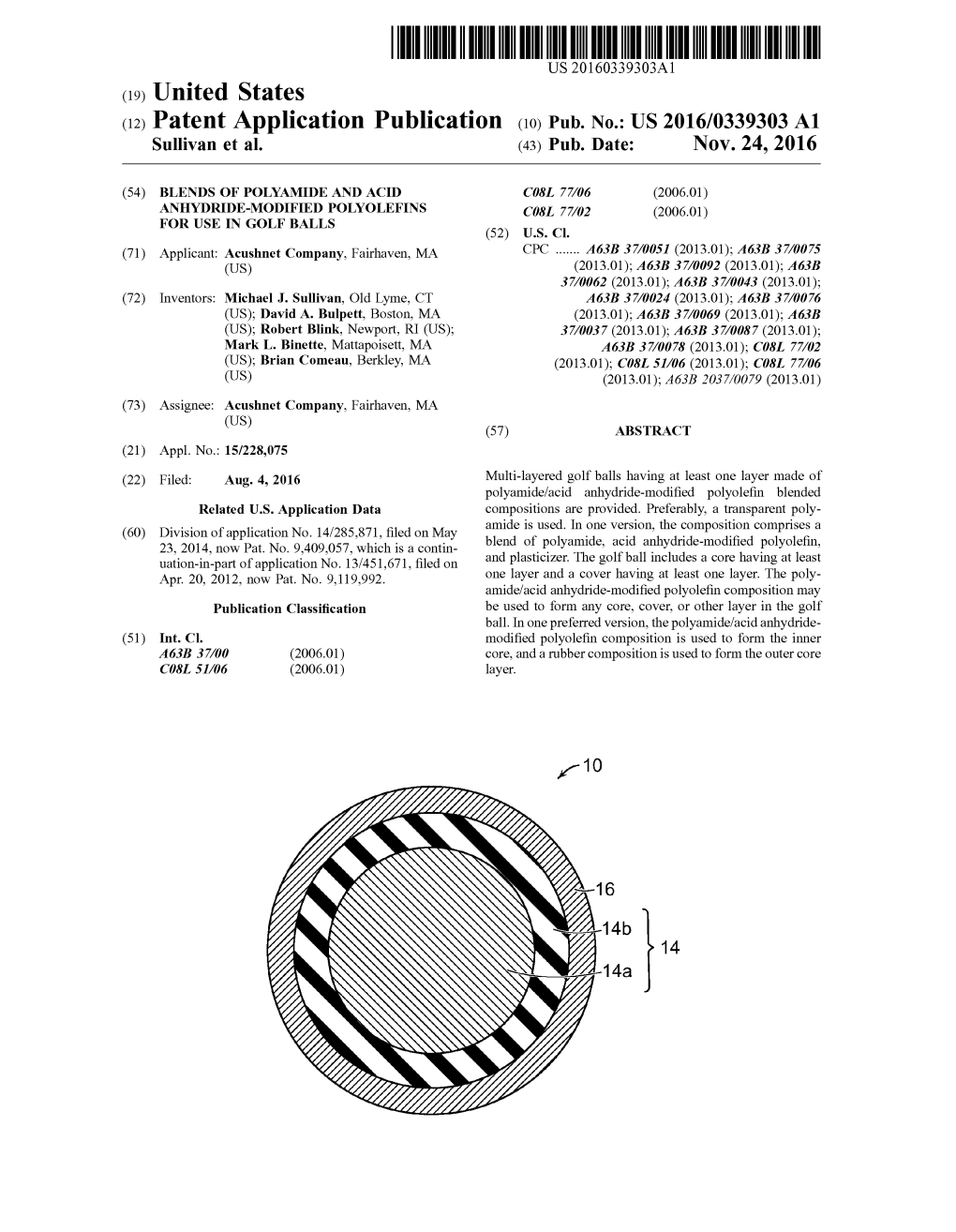 (12) Patent Application Publication (10) Pub. No.: US 2016/0339303 A1 Sullivan Et Al