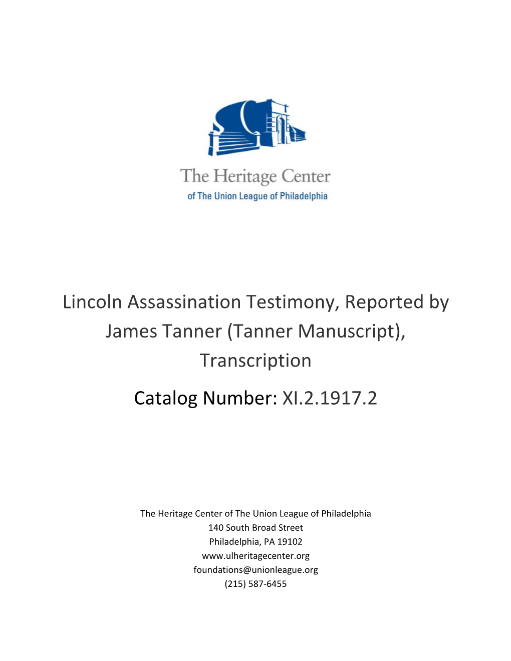 Lincoln Assassination Testimony, Reported by James Tanner (Tanner Manuscript), Transcription Catalog Number: XI.2.1917.2