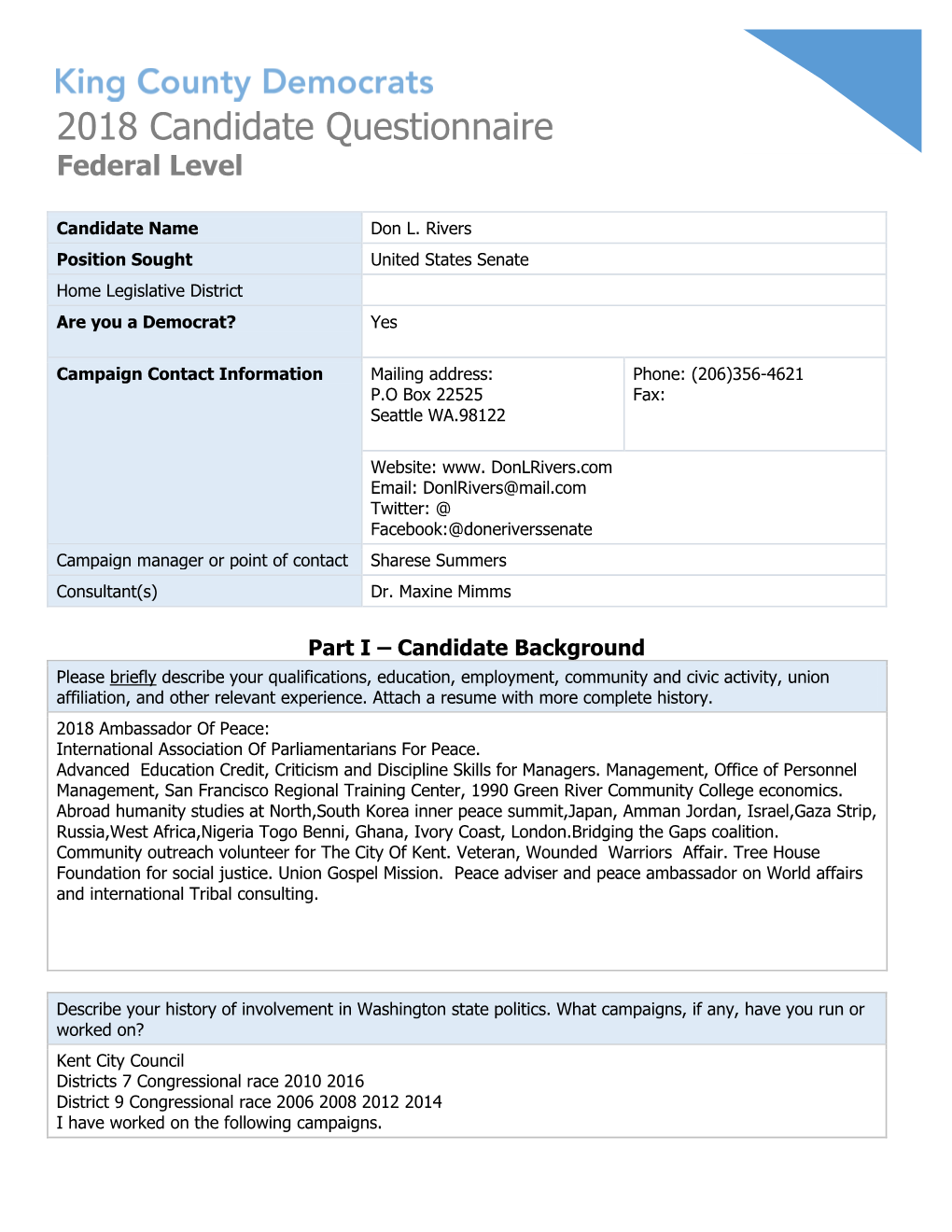 2018 Candidate Questionnaire Federal Level