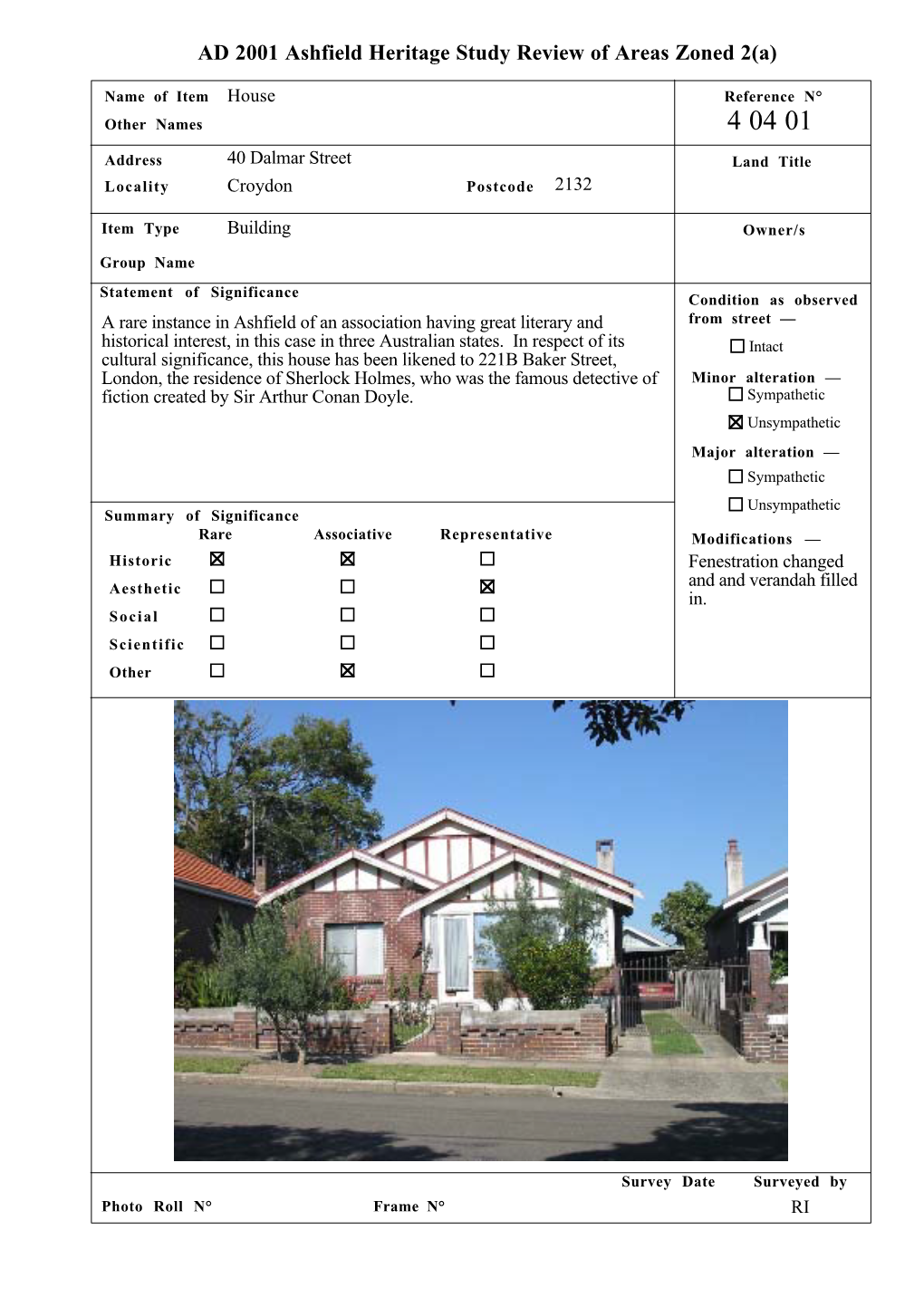 AD 2001 Ashfield Heritage Study Review of Areas Zoned 2(A)