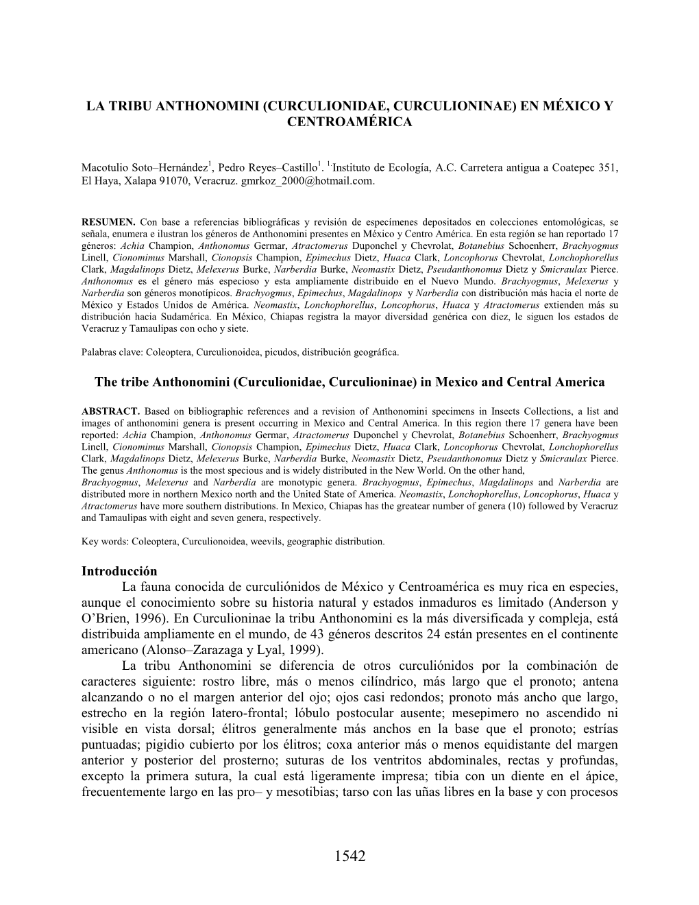 La Tribu Anthonomini (Curculionidae, Curculioninae) En México Y Centroamérica