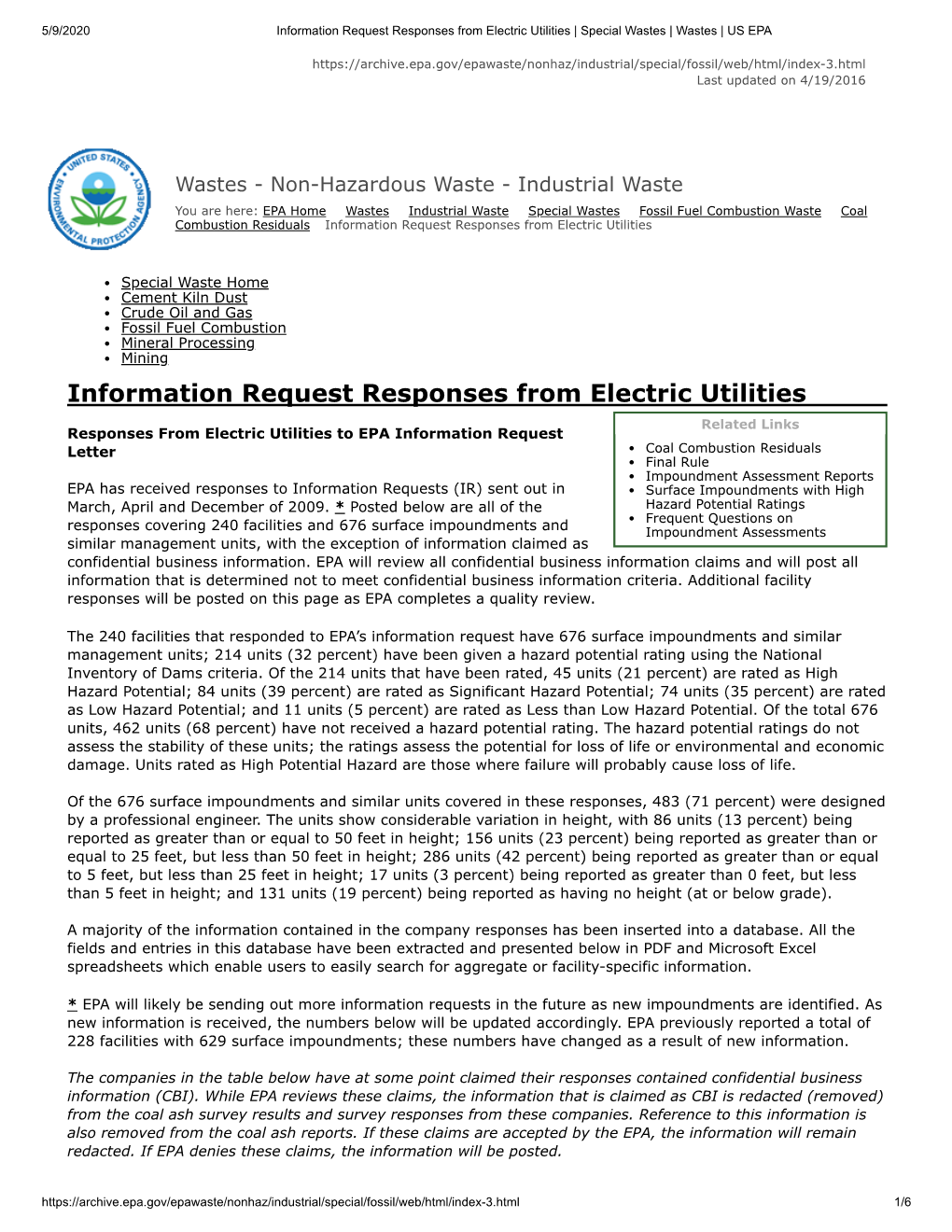 Information Request Responses from Electric Utilities | Special Wastes | Wastes | US EPA