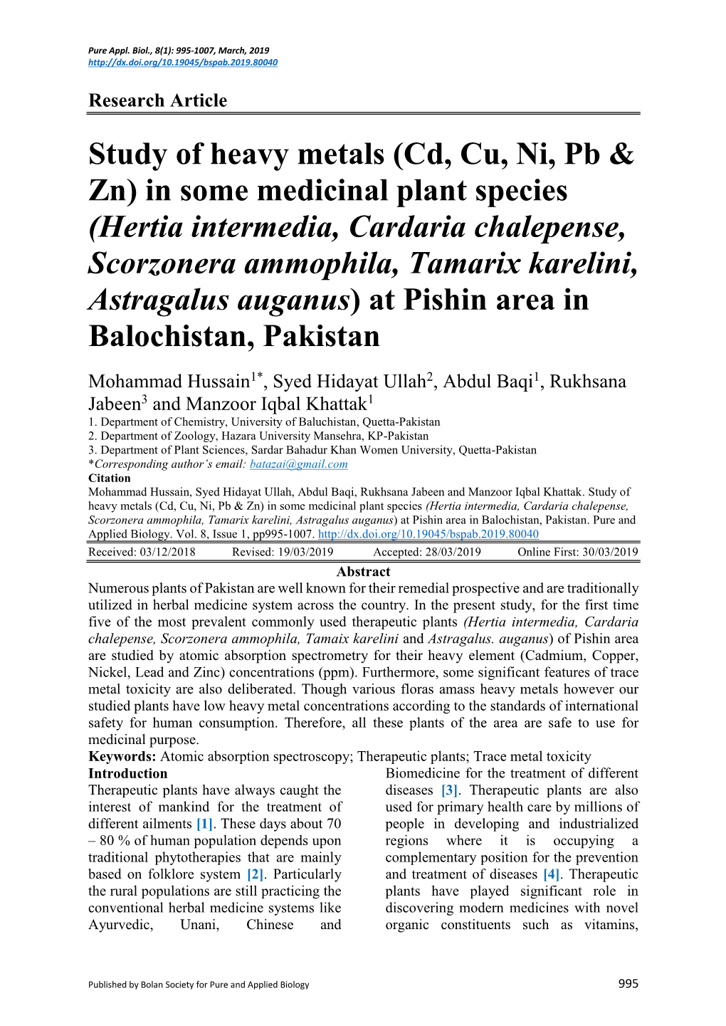 Study of Heavy Metals (Cd, Cu, Ni, Pb & Zn) in Some Medicinal Plant Species (Hertia Intermedia, Cardaria Chalepense, Scorzon