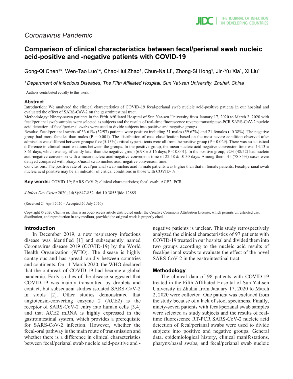 Comparison of Clinical Characteristics Between Fecal/Perianal Swab Nucleic Acid-Positive and -Negative Patients with COVID-19