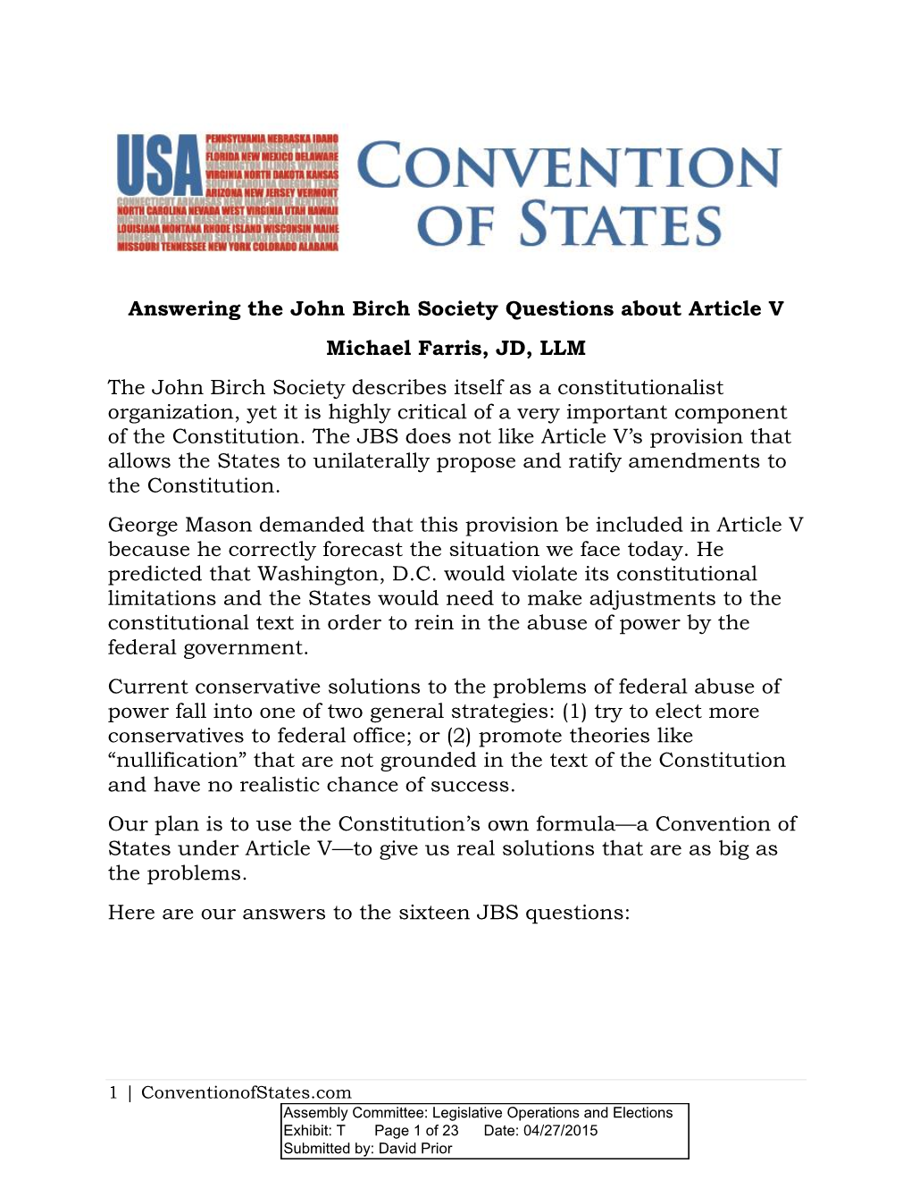Answering the John Birch Society Questions About Article V