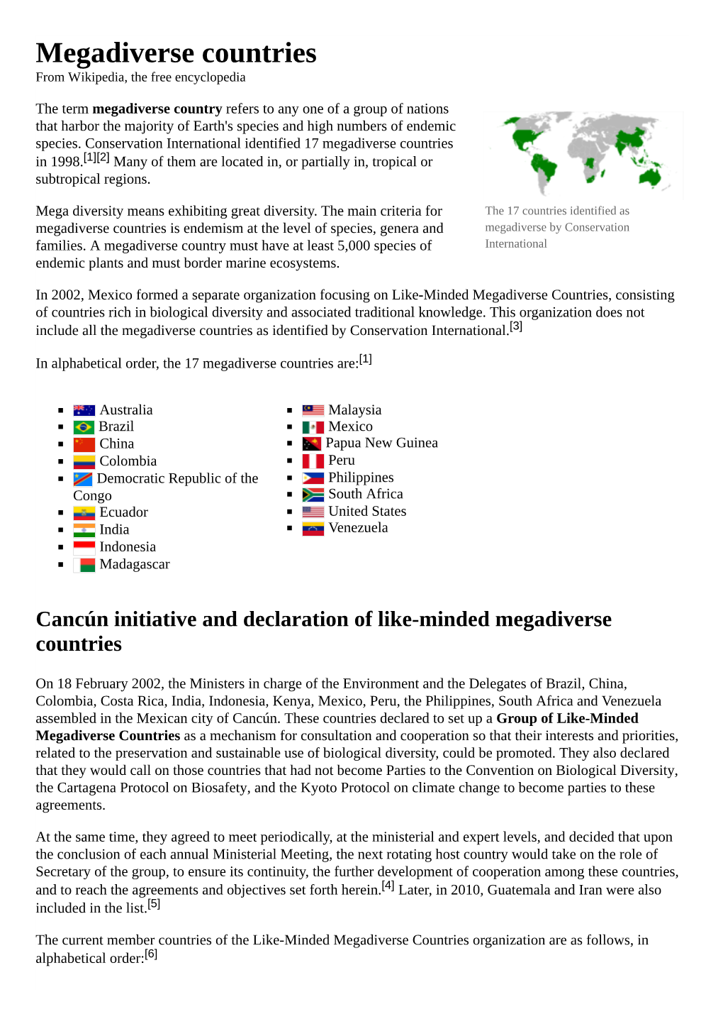 Megadiverse Countries from Wikipedia, the Free Encyclopedia