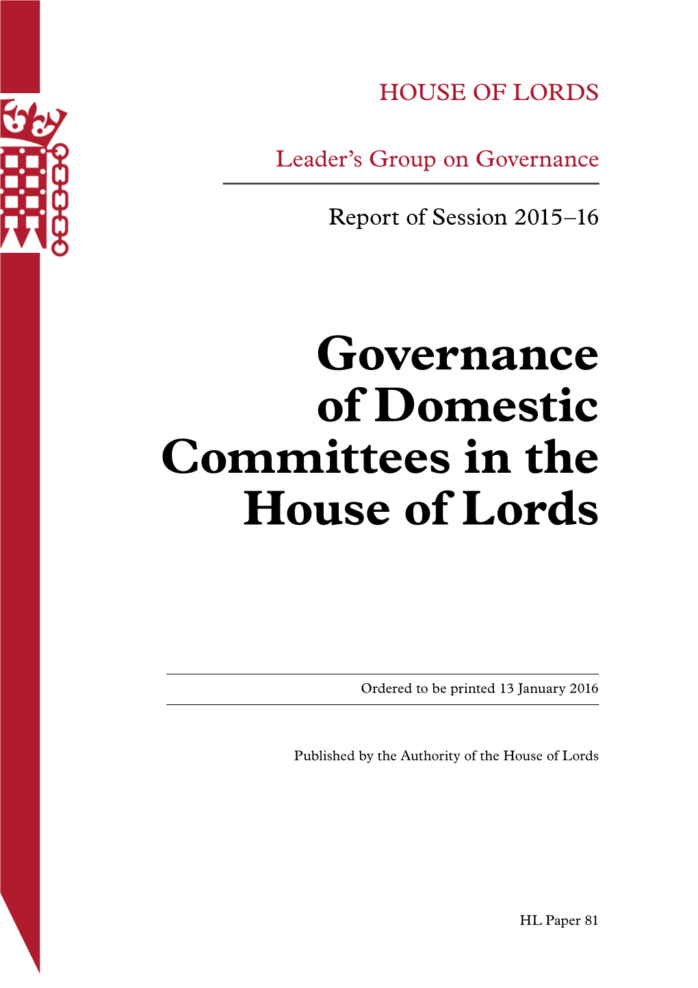 Governance of Domestic Committees in the House of Lords