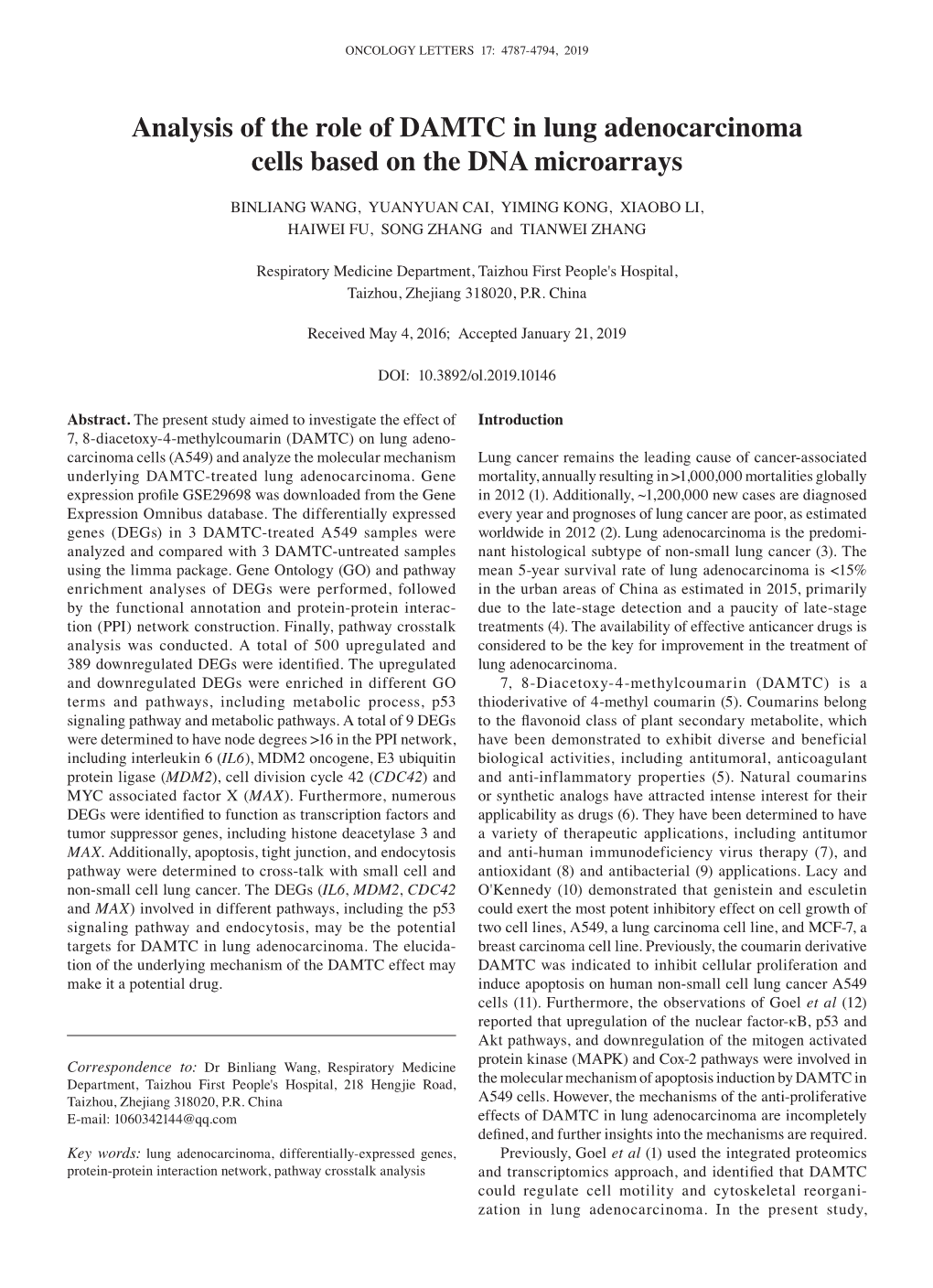 Analysis of the Role of DAMTC in Lung Adenocarcinoma Cells Based on the DNA Microarrays