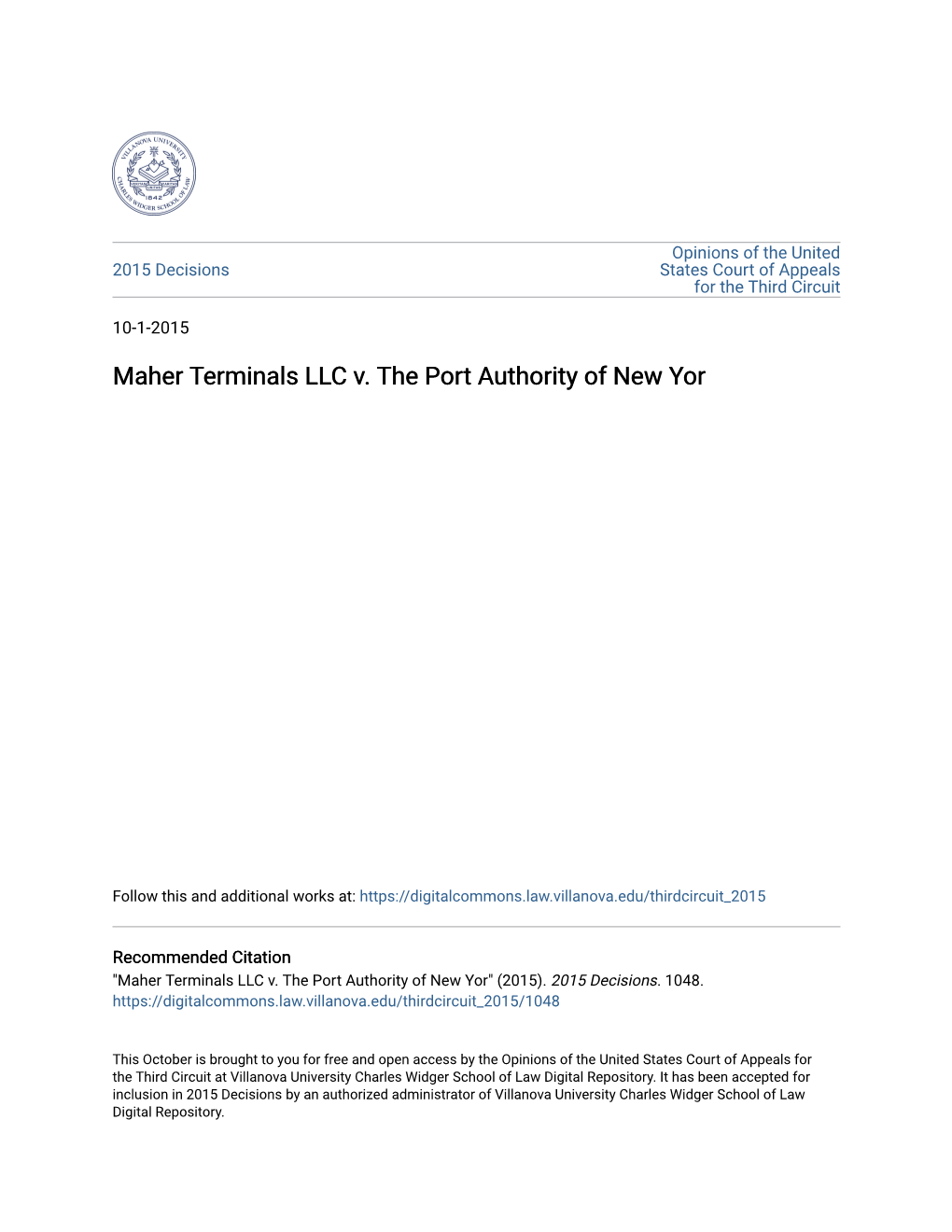 Maher Terminals LLC V. the Port Authority of New Yor