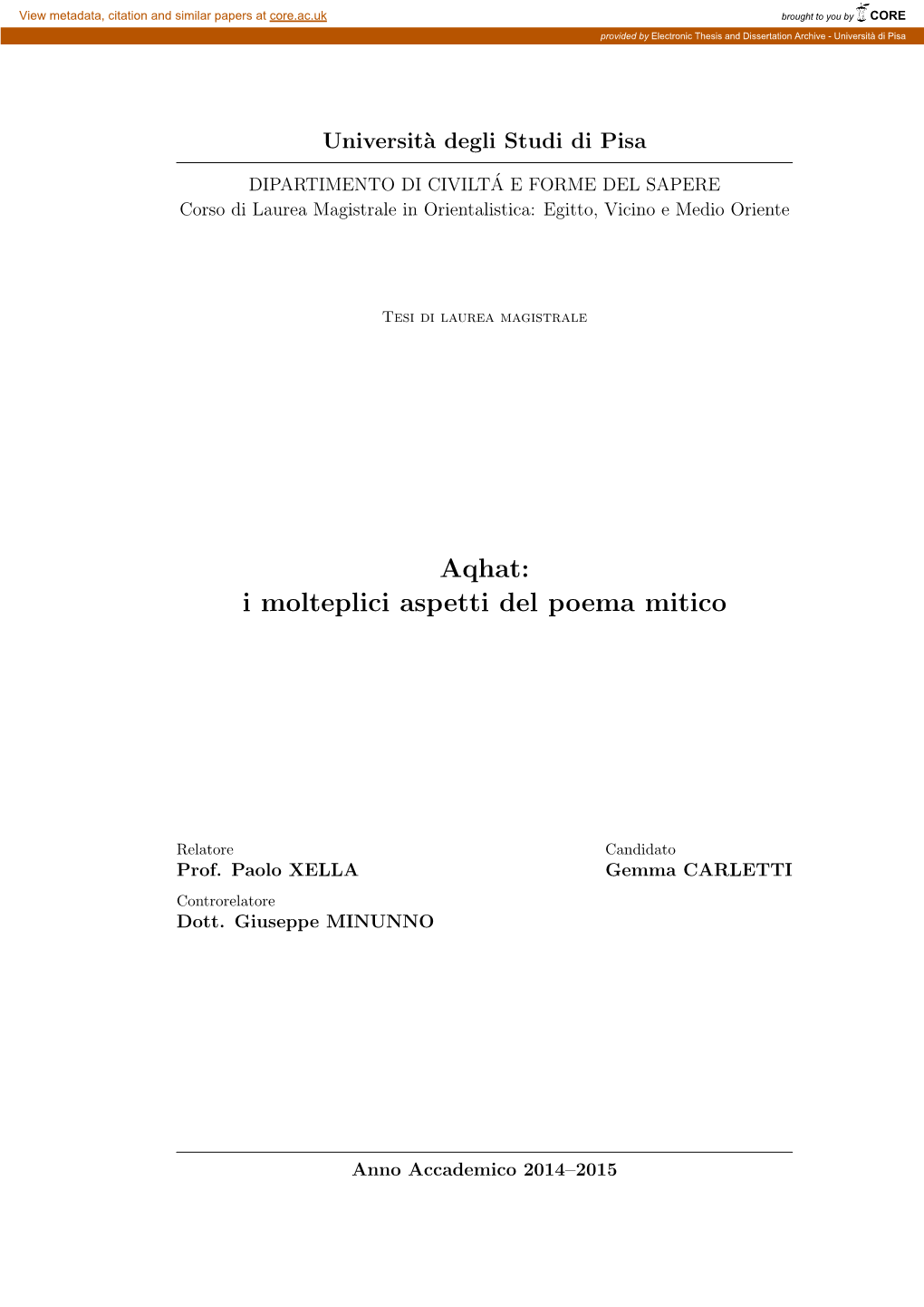 Aqhat: I Molteplici Aspetti Del Poema Mitico