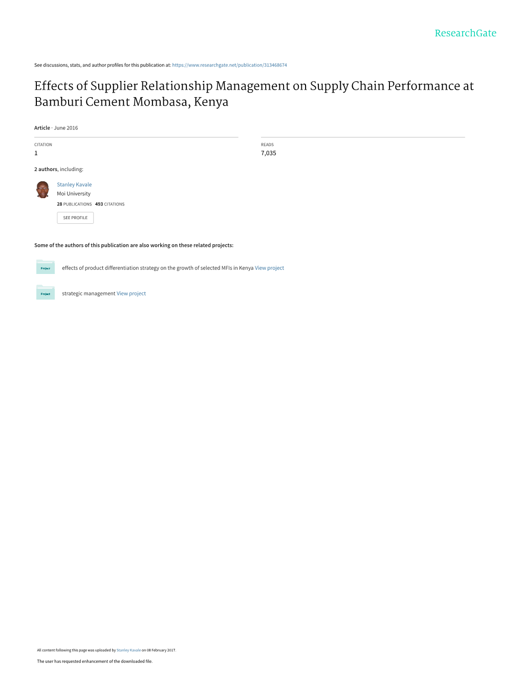 Effects of Supplier Relationship Management on Supply Chain Performance at Bamburi Cement Mombasa, Kenya