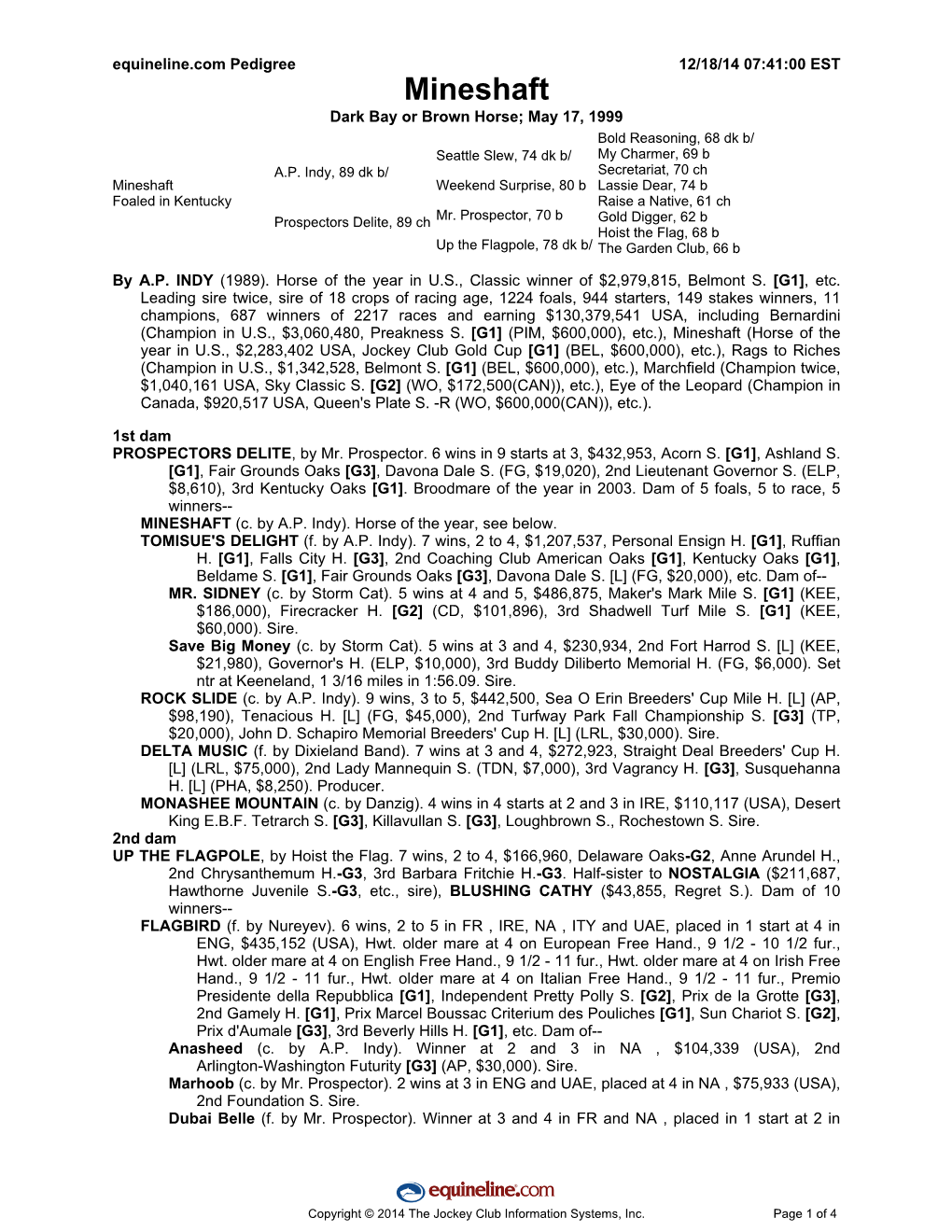 Mineshaft Dark Bay Or Brown Horse; May 17, 1999 Bold Reasoning, 68 Dk B/ Seattle Slew, 74 Dk B/ My Charmer, 69 B A.P