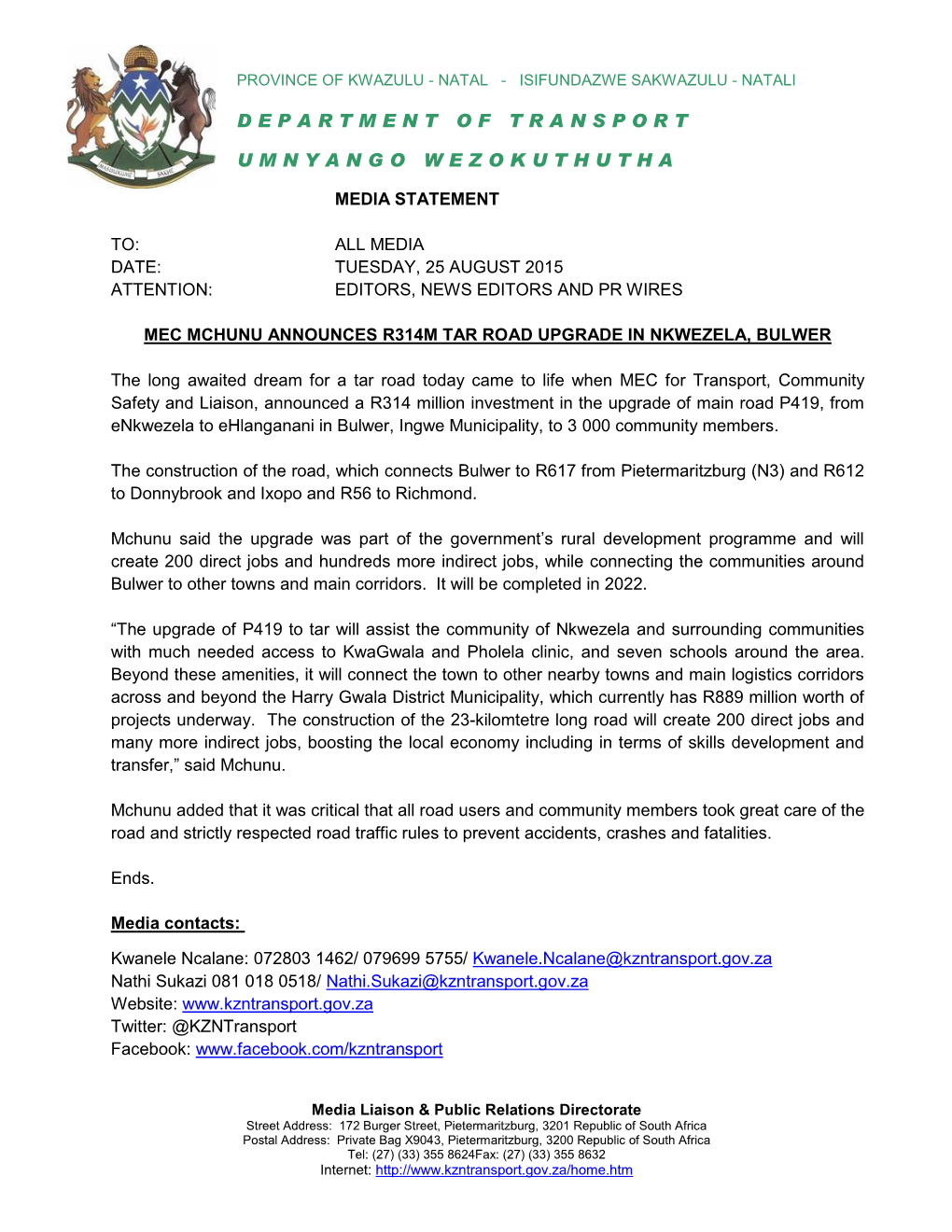 Mec Mchunu Announces R314m Tar Road Upgrade in Nkwezela, Bulwer