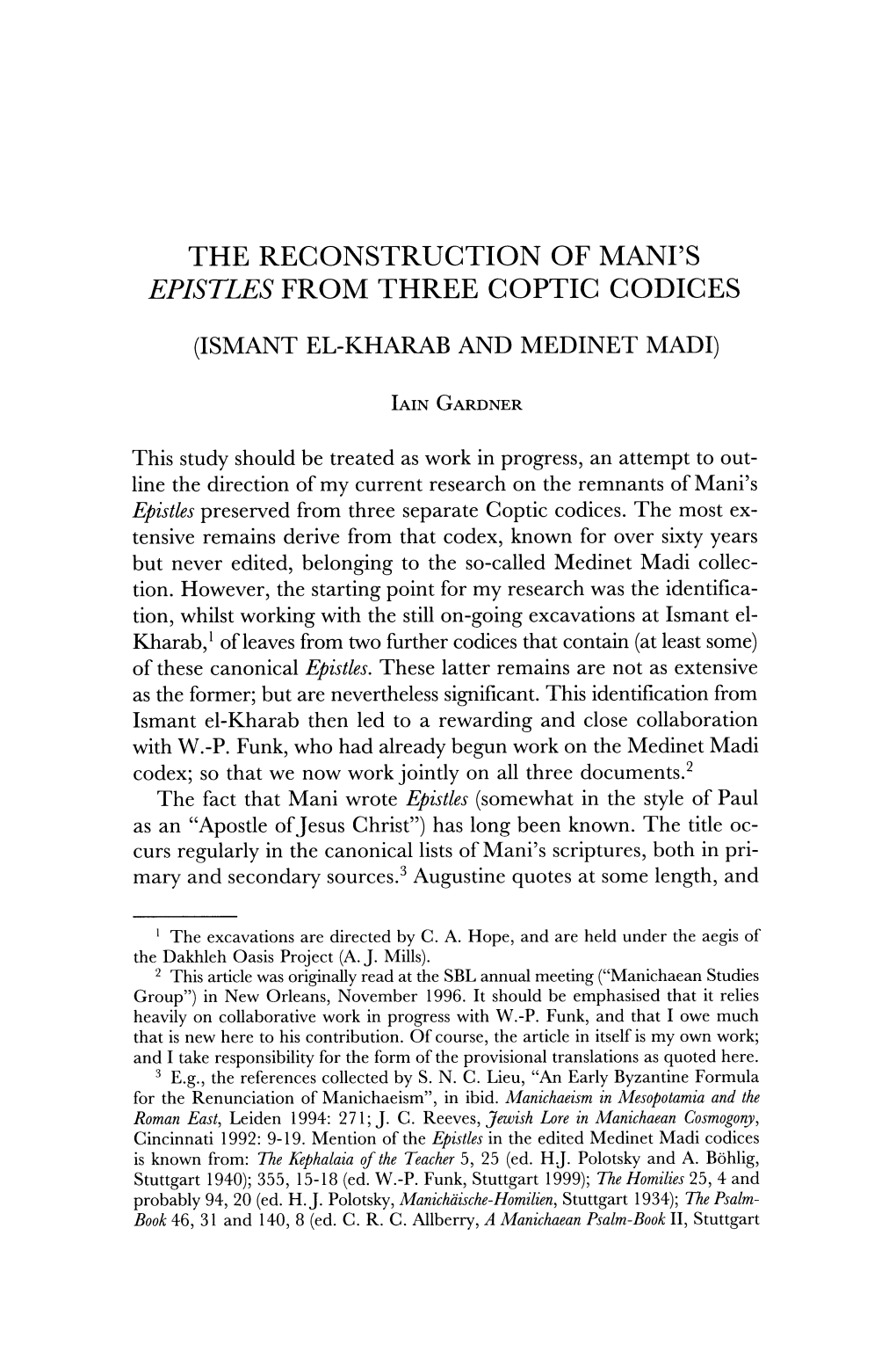 The Reconstruction of Mani's Epistles from Three Coptic Codices