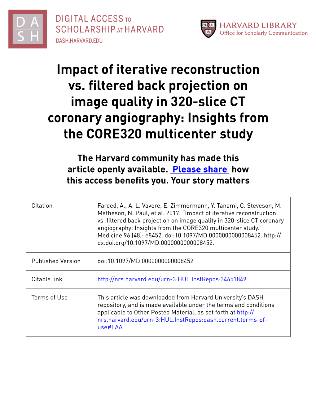 Impact of Iterative Reconstruction Vs. Filtered Back Projection on Image Quality in 320-Slice CT Coronary Angiography: Insights from the CORE320 Multicenter Study