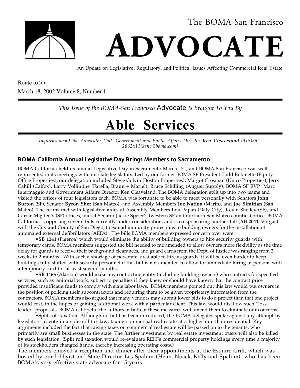 ADVOCATE an Update on Legislative, Regulatory, and Political Issues Affecting Commercial Real Estate