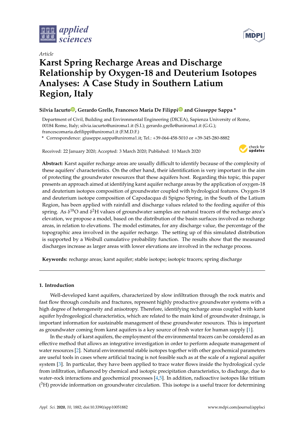 Karst Spring Recharge Areas and Discharge Relationship by Oxygen-18 and Deuterium Isotopes Analyses: a Case Study in Southern Latium Region, Italy