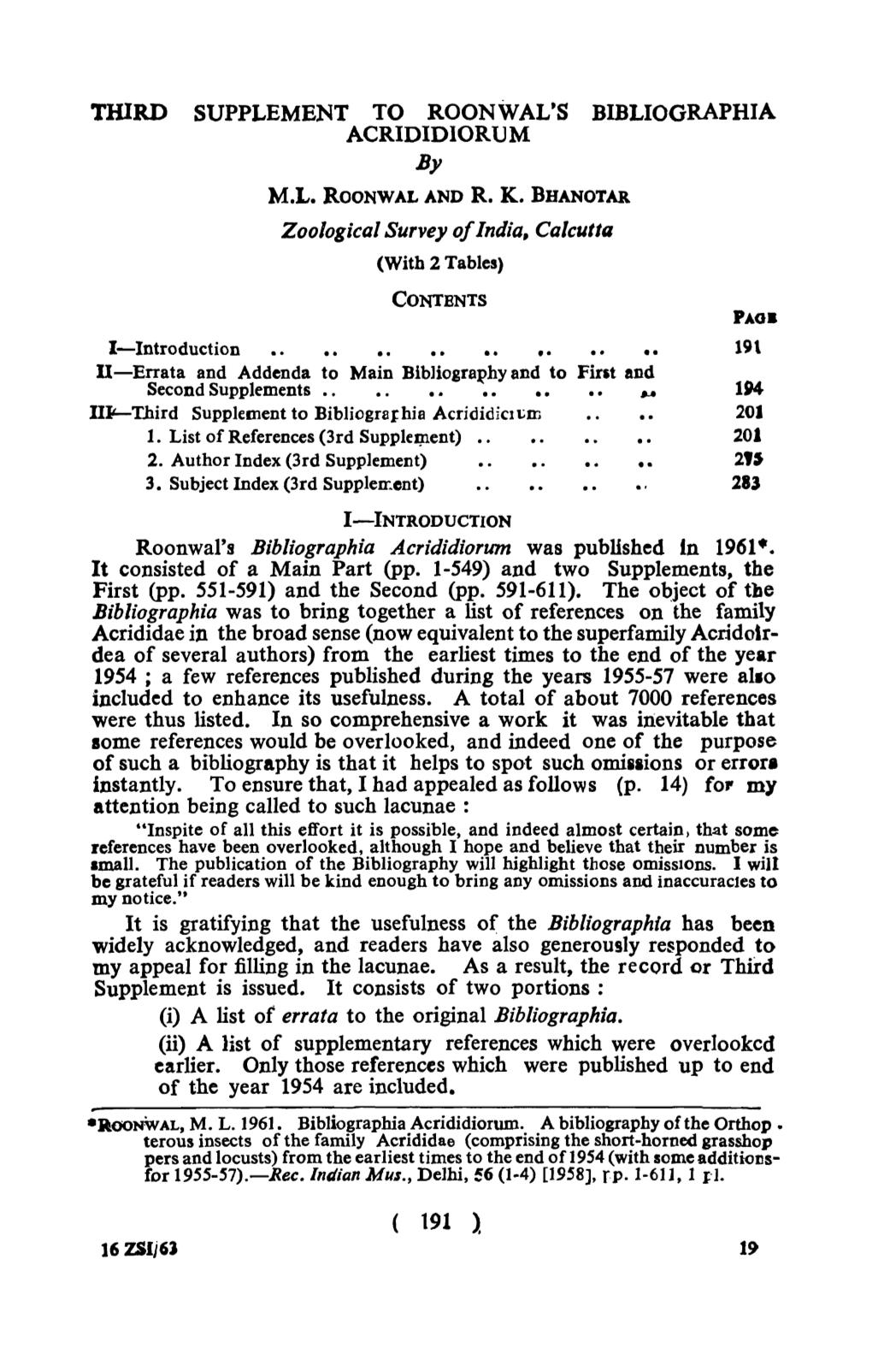 THIRD SUPPLEMENT to ROONWAL's BIBLIOGRAPHIA ACRIDIDIORUM by It Consisted of a Main Part