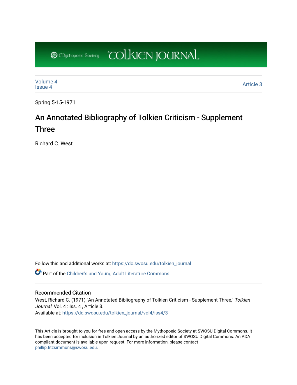 An Annotated Bibliography of Tolkien Criticism - Supplement Three