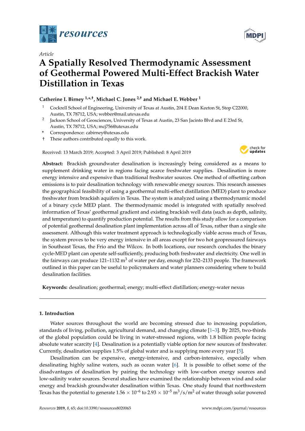 A Spatially Resolved Thermodynamic Assessment of Geothermal Powered Multi-Effect Brackish Water Distillation in Texas