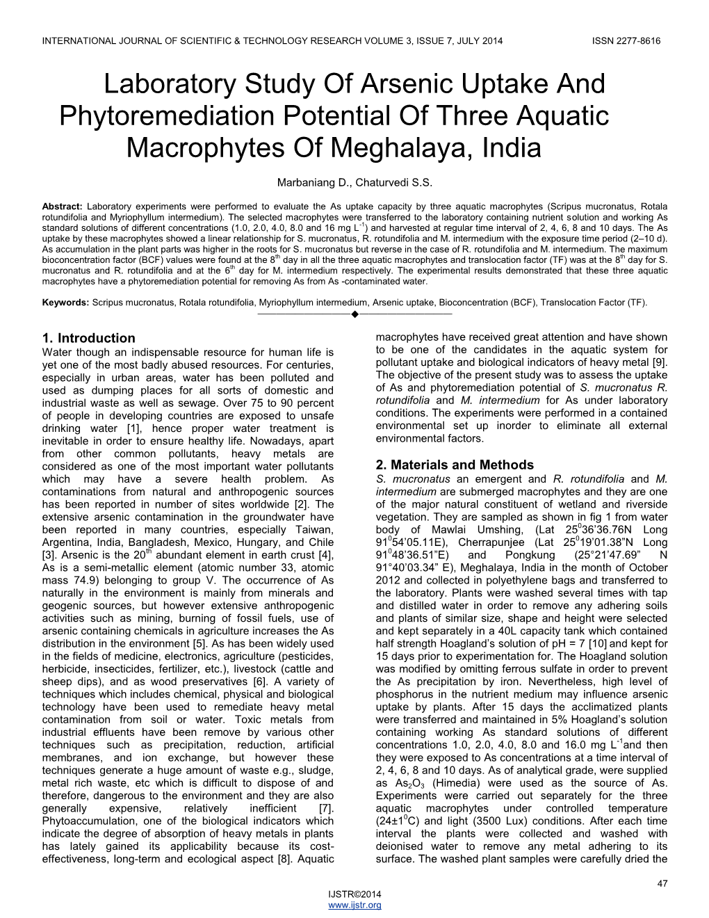 Laboratory Study of Arsenic Uptake and Phytoremediation Potential of Three Aquatic Macrophytes of Meghalaya, India