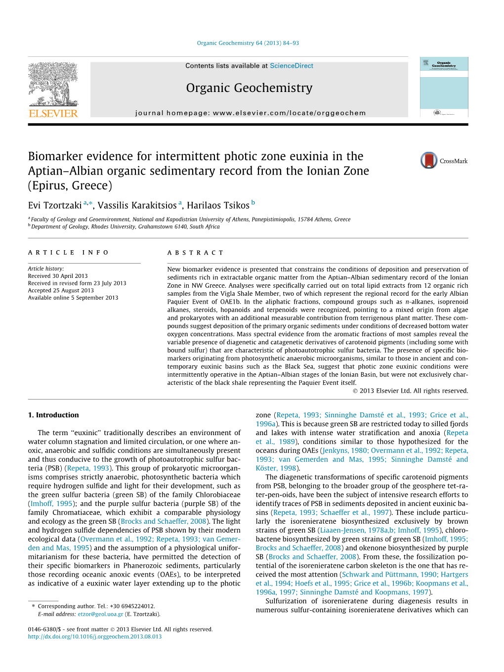 Biomarker Evidence for Intermittent Photic Zone Euxinia in the Aptianâ