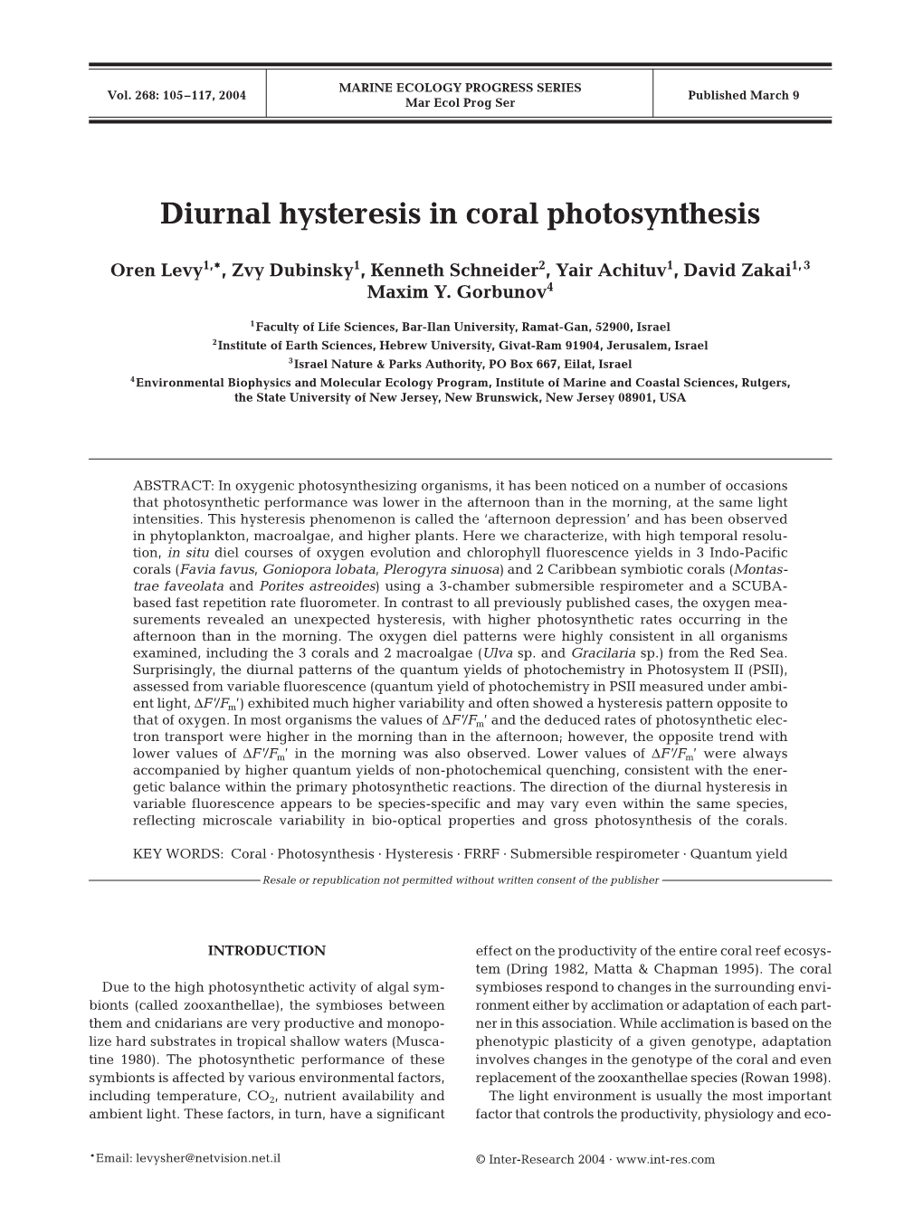 Diurnal Hysteresis in Coral Photosynthesis