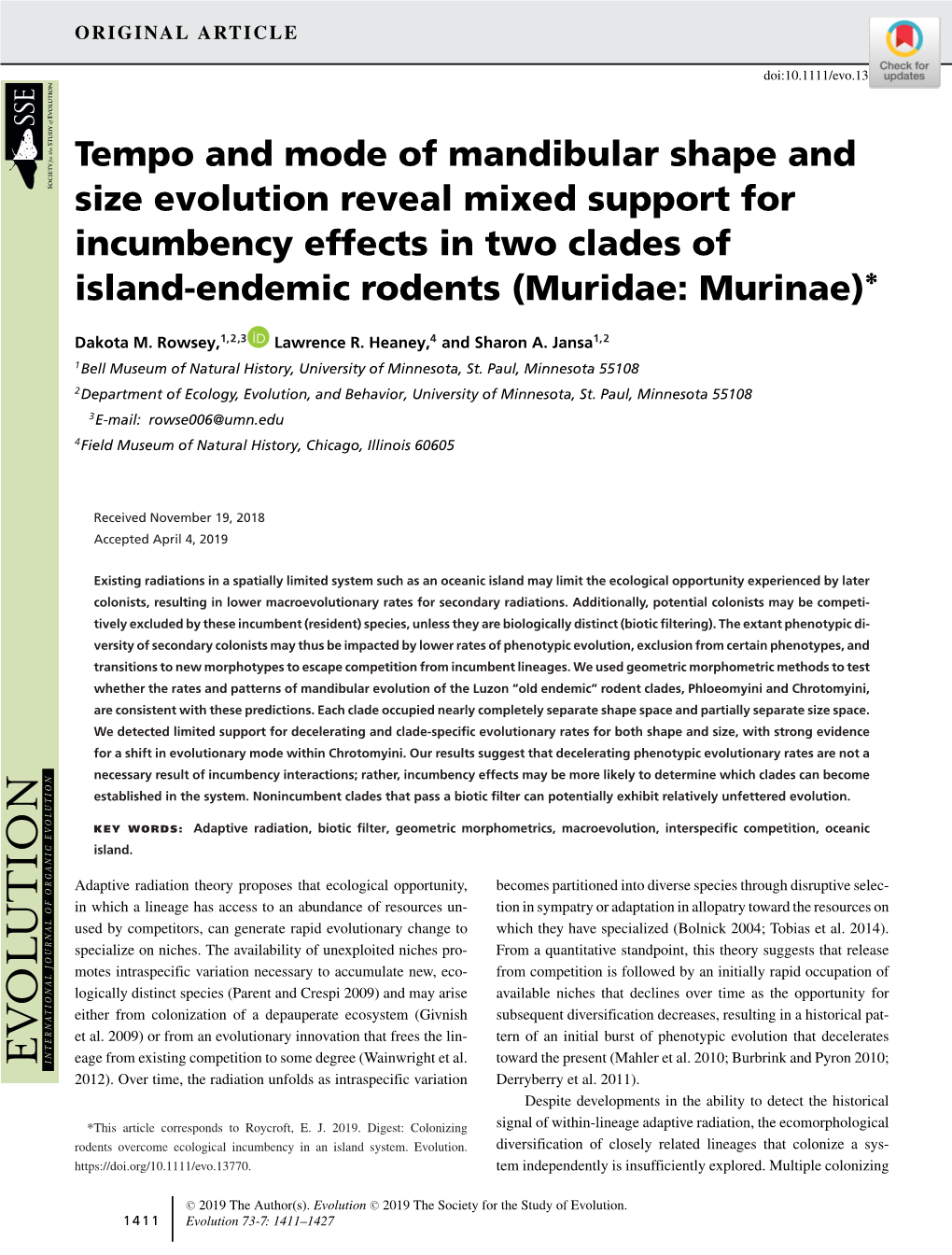 Tempo and Mode of Mandibular Shape and Size Evolution Reveal Mixed Support for Incumbency Effects in Two Clades of ∗ Island-Endemic Rodents (Muridae: Murinae)