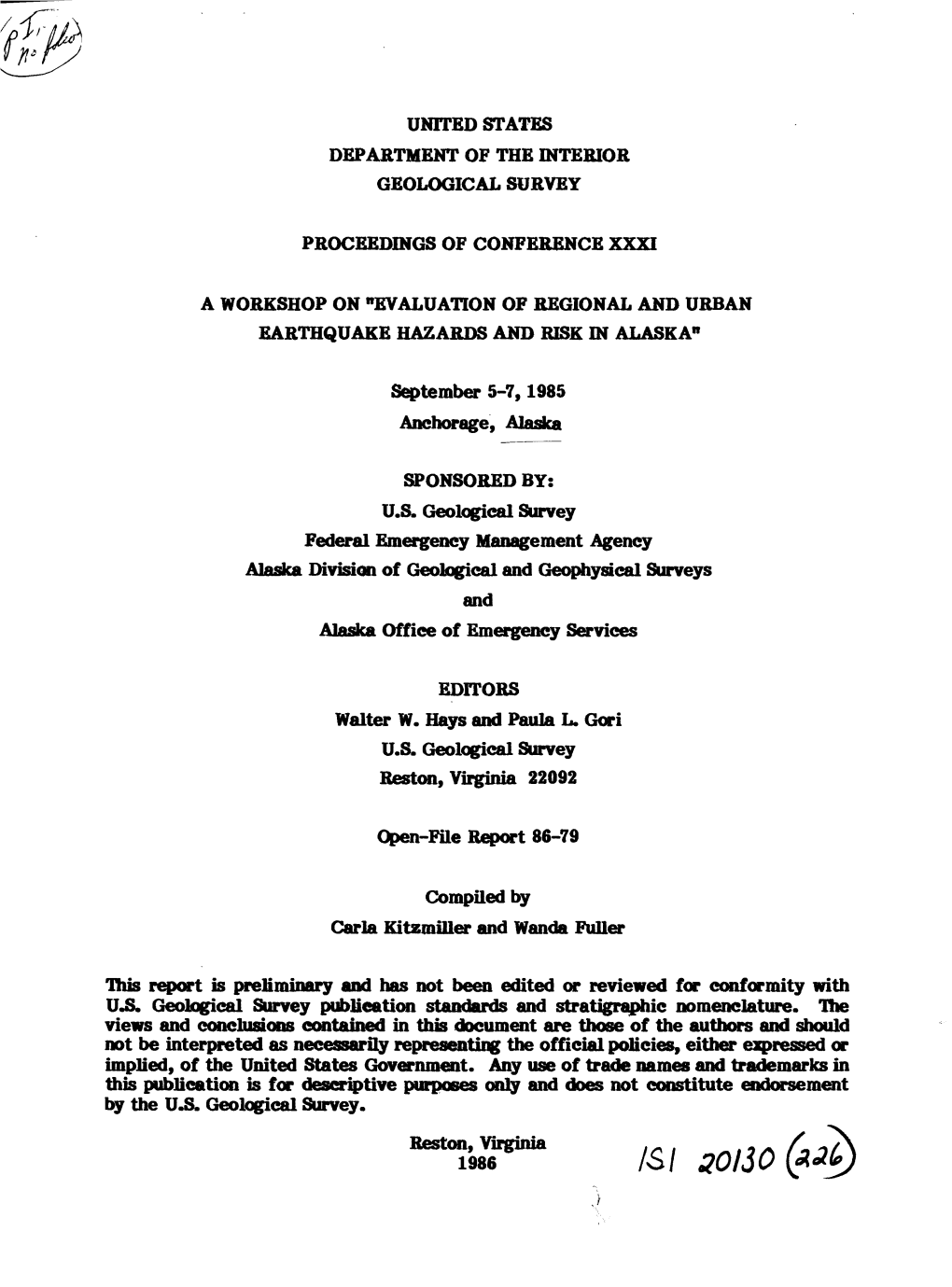 September 5-7, 1985 Anchorage, Alaska SPONSORED BY: U.S