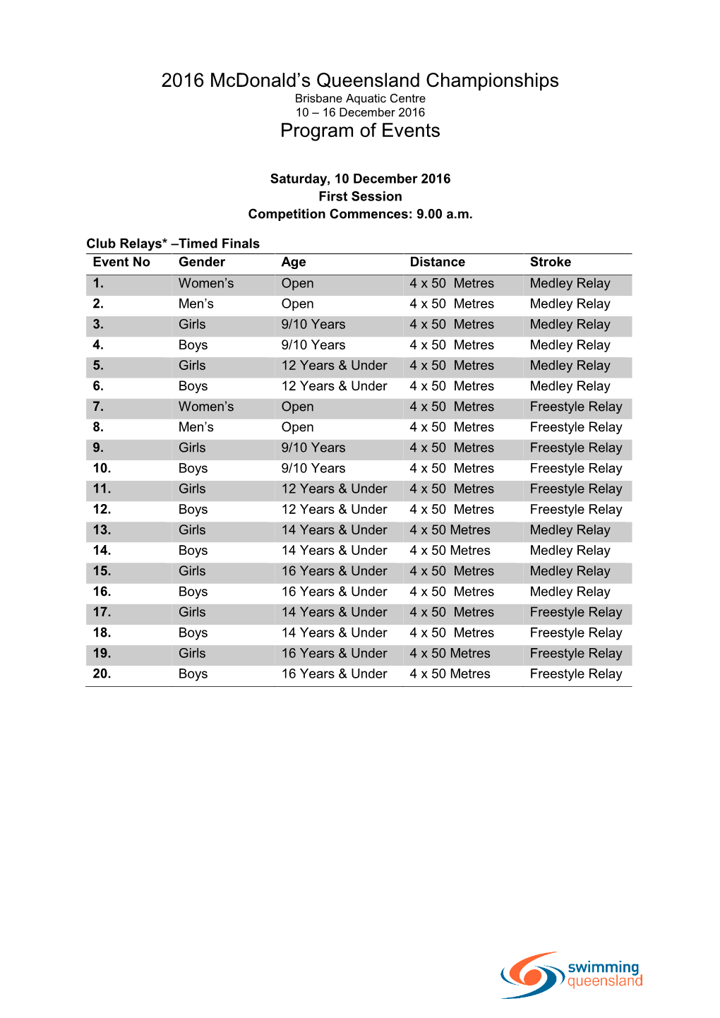 2016 Mcdonald's Queensland Championships Program of Events