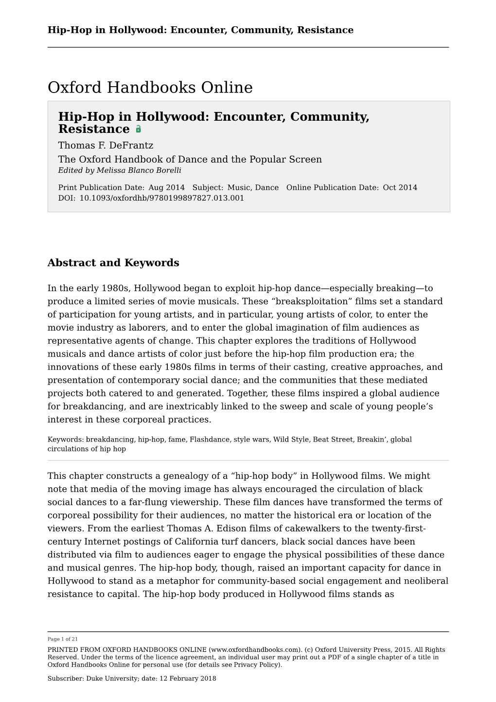 Hip-Hop in Hollywood: Encounter, Community, Resistance