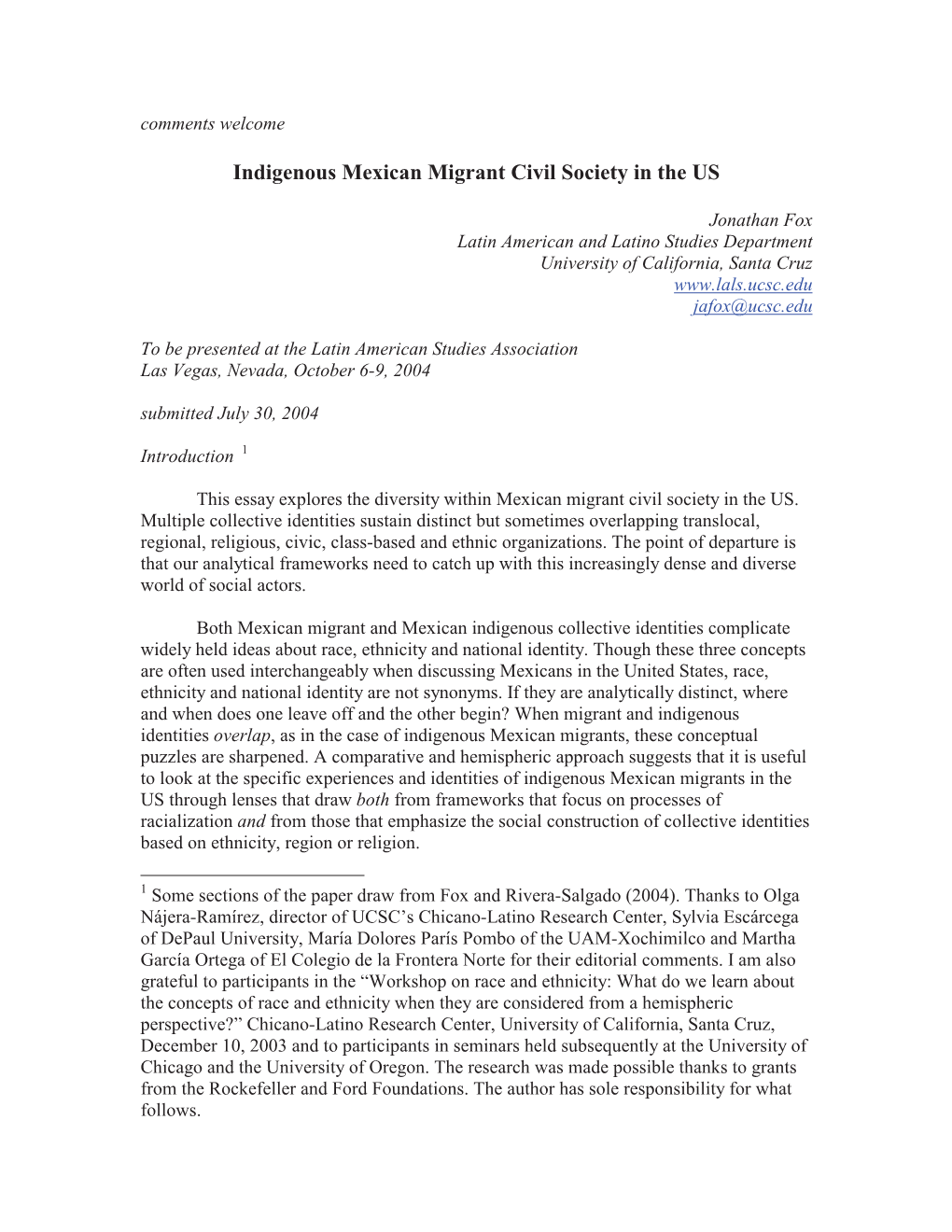 Indigenous Mexican Migrant Civil Society in the US