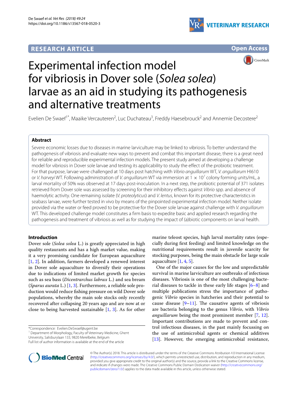 Experimental Infection Model for Vibriosis in Dover Sole