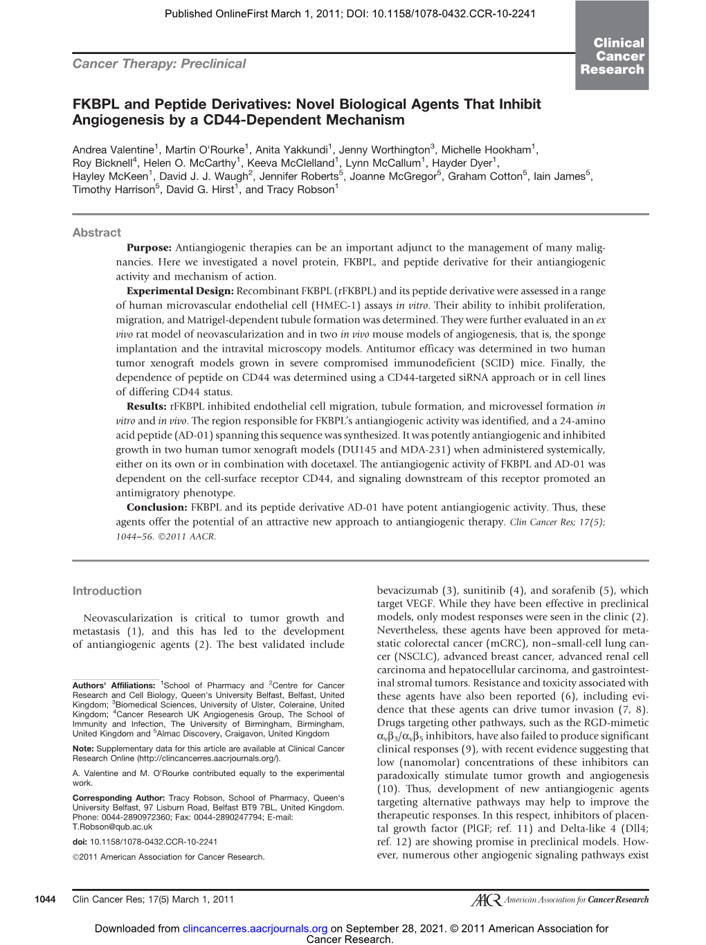 FKBPL and Peptide Derivatives: Novel Biological Agents That Inhibit Angiogenesis by a CD44-Dependent Mechanism