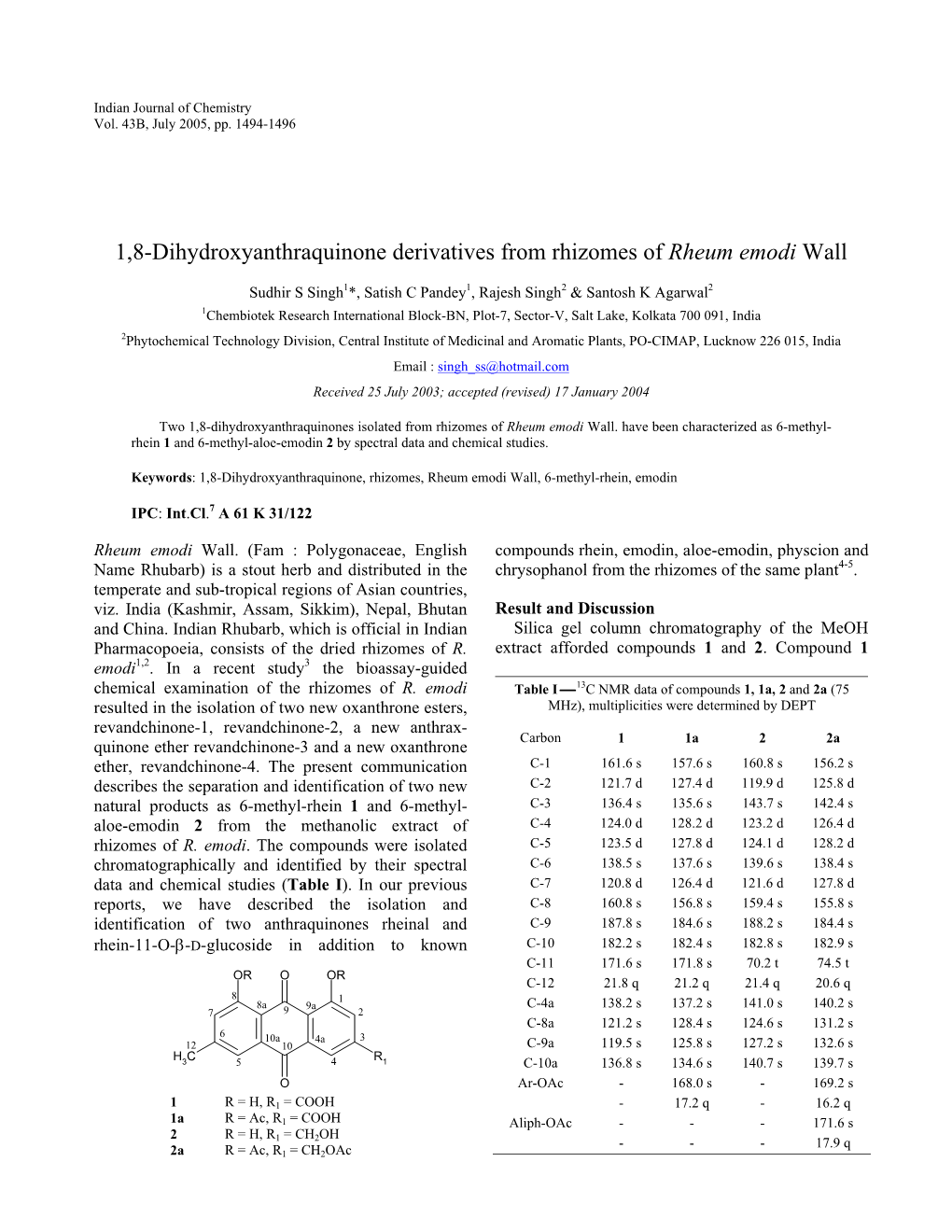 1,8-Dihydroxyanthraquinone Derivatives from Rhizomes of Rheum Emodi Wall