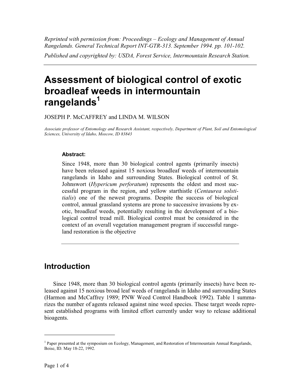 Assessment of Biological Control of Exotic Broadleaf Weeds in Intermountain Rangelands1
